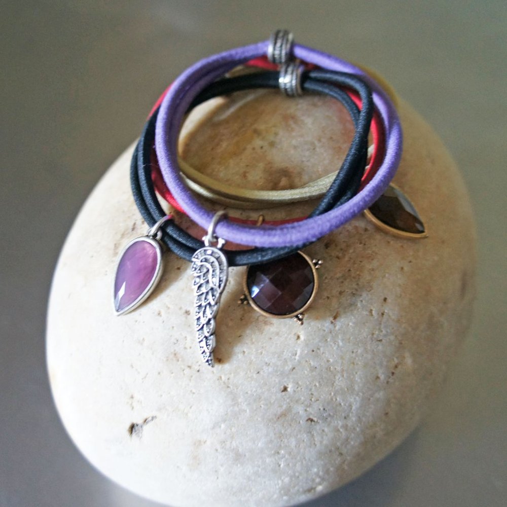 Lucky Brand Elastic Gemstone Pendant Bracelets Hair Ties Set of 4 Silver & Gold